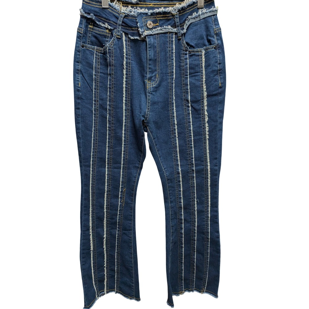 Womens Dark Wash Frayed Vertical Seam Deconstructed Flare Jeans Size M